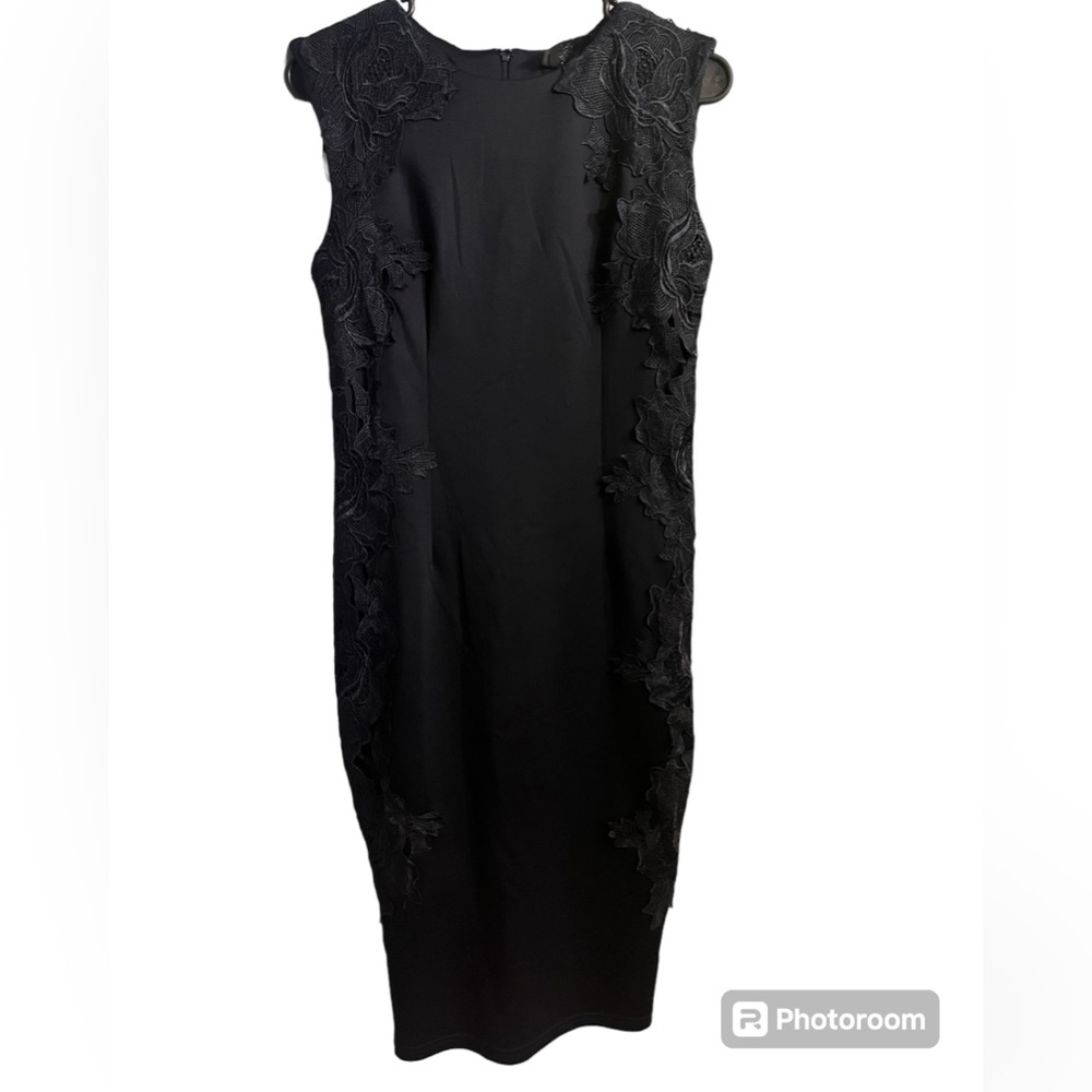 Navy blue sheath fitted cocktail dress tank sleeves lace detail Alex Paris Sz 10